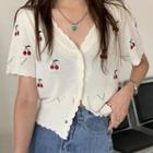 Short-sleeve Cherry Embroidered Cropped Cardigan