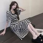 Short-sleeve Striped Drawstring Midi T-shirt Dress