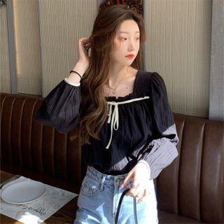 Long-sleeve Square Neck Tie Accent Blouse
