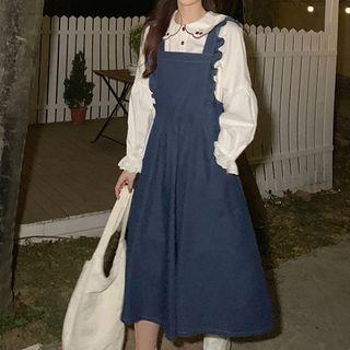 Cherry Embroidered Shirt / Ruffle Denim Midi Overall Dress