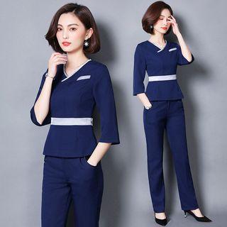 Set: 3/4-sleeve V-neck Blouse + Dress Pants