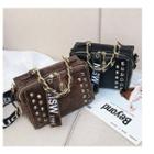 Faux Leather Lettering Studded Crossbody Bag