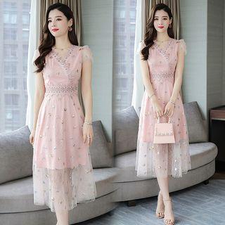 Star Sequined Cap-sleeve Midi A-line Organza Dress