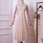 Set: Long-sleeve Sequined Mesh Midi A-line Dress + Slipdress