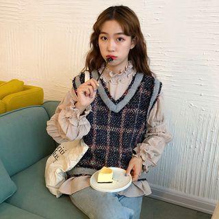 Plaid V-neck Knit Vest / Frill Trim Blouse
