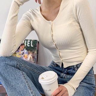 U-neck Cropped Rib-knit Cardigan