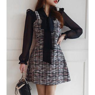 Inset Beribboned Blouse Tweed A-line Dress