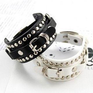 Studded Buckled Wide Faux Leather Bracelet