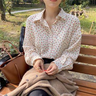 Long-sleeve V-neck Floral Chiffon Top As Shown As Figure - One Size