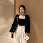 Puff-sleeve Square Neck Velvet Top