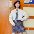 Long-sleeve Plain Shirt + Plaid Tie White - One Size