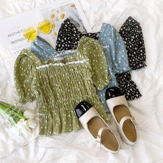Puff-sleeve Ruched Square-neck Floral Top