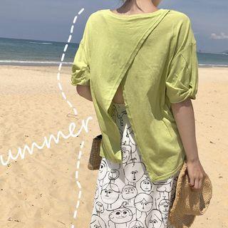 Puff Short-sleeve Slit Back T-shirt / Cartoon Print A-line Midi Skirt