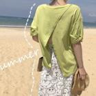 Puff Short-sleeve Slit Back T-shirt / Cartoon Print A-line Midi Skirt