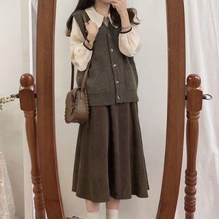 Contrast Trim Blouse / Knit Vest / Midi A-line Skirt / Set