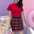 Short-sleeve Lace-up Top / A-line Plaid Mini Skirt