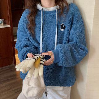 Heart Embroidered Faux Shearling Hoodie