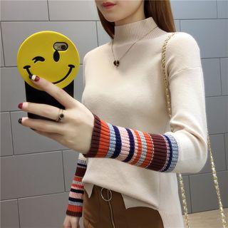Mock Turtleneck Striped Panel Sweater