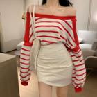 Striped Pullover / High Waist Mini Pencil Skirt
