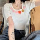Short-sleeve Flower Detail Knit Top White - One Size
