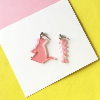 Non-matching Resin Cat & Fish Bone Dangle Earring 1 Pair - Earring - One Size