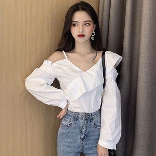 Long-sleeve Cold-shoulder Ruffle Blouse White - One Size