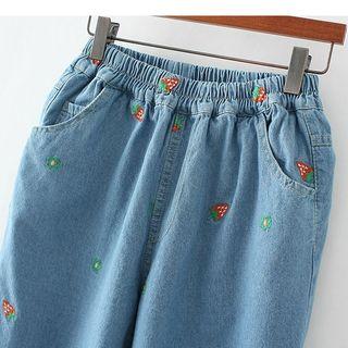 Strawberry Embroidered Band Waist Straight-cut Jeans