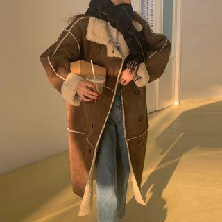 Double-breasted Fleece Long Coat Brown - One Size