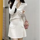 Long-sleeve V-neck Plain Lapel Ruched Top / Pleated Mini Skirt