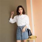 Puff-shoulder Faux-pearl Button Blouse