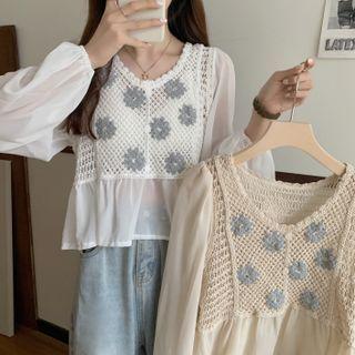 Puff-sleeve Floral Paneled Blouse