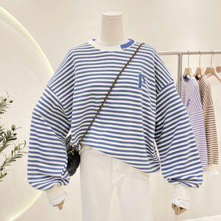 Long-sleeve Lettering Embroidered Striped Sweatshirt