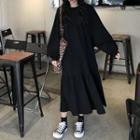 Long-sleeve Plain Maxi A-line Dress Black - One Size
