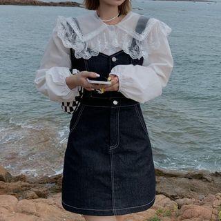 Long-sleeve Peter-pan Collar Blouse/ Denim Pinafore Dress