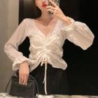 Flared-cuff Textured Drawstring Chiffon Blouse