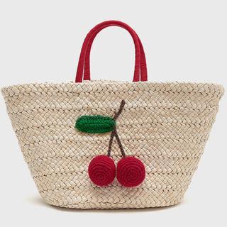 Cherry-pompom Oversized Raffia Tote