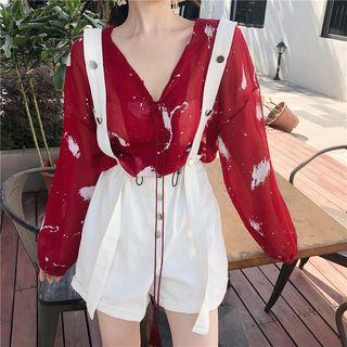 Printed Long-sleeve Chiffon Top As Shown In Figure - One Size