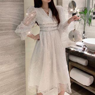 Puff-sleeve Midi A-line Mesh Dress