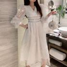 Puff-sleeve Midi A-line Mesh Dress