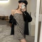 Spaghetti Strap Checkered Mini Shift Dress / Plain Blazer