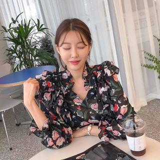 Frilled Floral Sheer Blouse With Sash