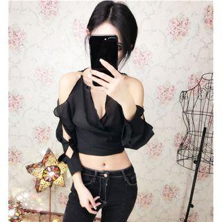 Cutout Shoulder Ruffle Cropped Blouse