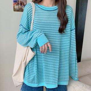 Smiley Face Embroidered Long-sleeve Striped T-shirt