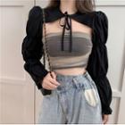 Long-sleeve Tie-front Shrug / Mesh Tube Top