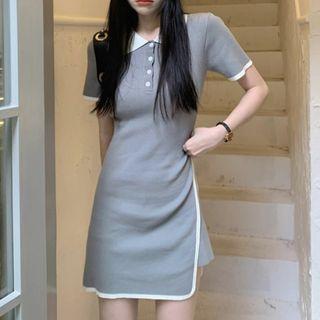 Short-sleeve Collar Mini Sheath Dress Gray - One Size