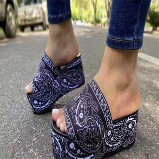 Platform Wedge Heel Paisley Print Mules