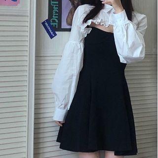 Collared Long-sleeve Crop Top / Spaghetti Strap Mini A-line Dress