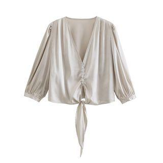 V-neck Tie-hem Satin Blouse