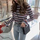 Bell-sleeve Striped Ribbed T-shirt