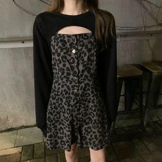 Spaghetti Strap Leopard Print Mini A-line Dress Dress - Leopard - Black - One Size